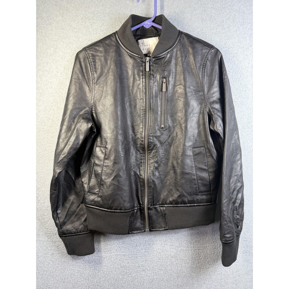 A New Day Jacket Womens‎ Small Black Faux Leather Bomber Zip Pockets Casual